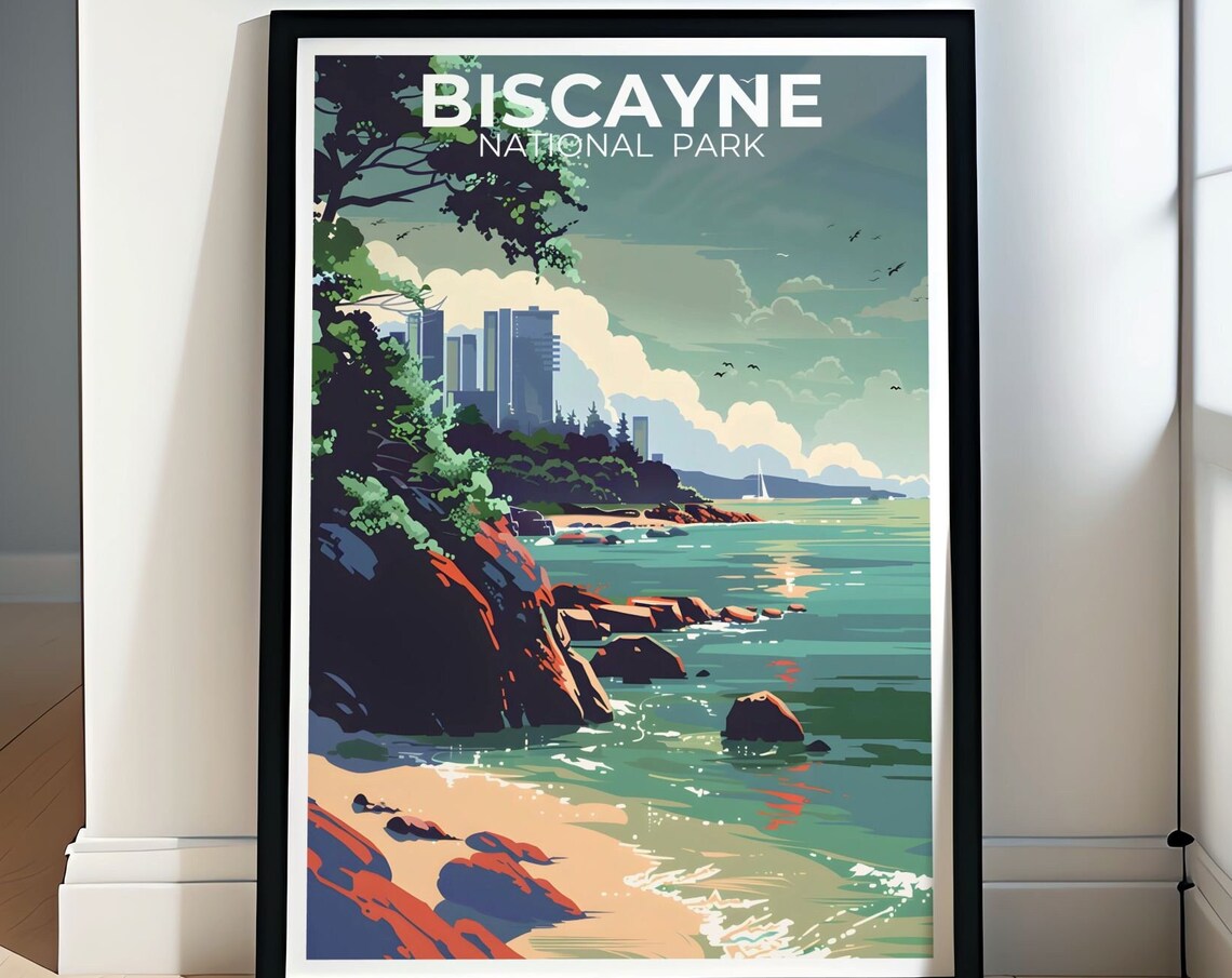 Biscayne National Park Rocky Shore With Distant City Skyline Poster