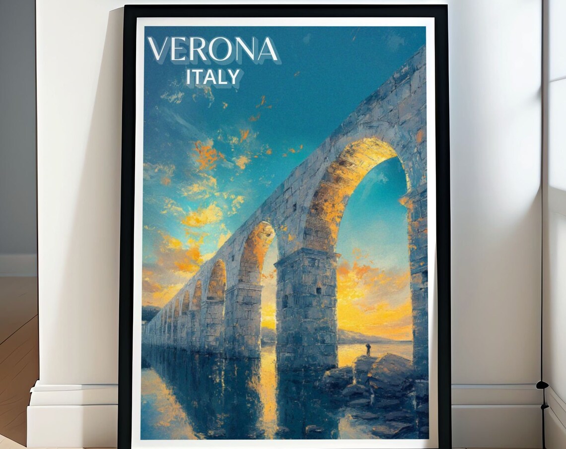 Verona Italy Ancient Stone Aqueduct Arches Golden Sunset Poster