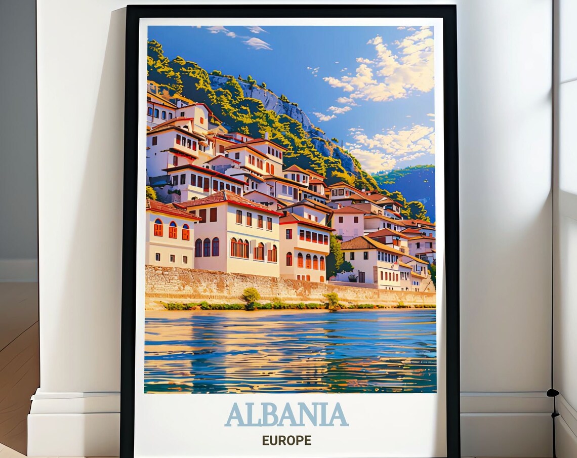 Berat Ottoman Old Town Riverside Hillside Sunset Travel Art Poster