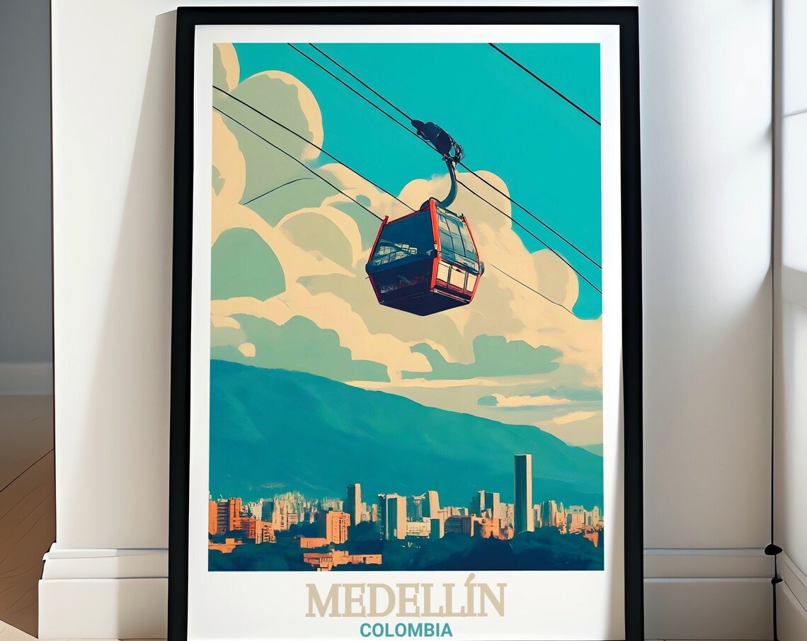 Medellin Colombia Metrocable Cable Car Over City Skyline Poster