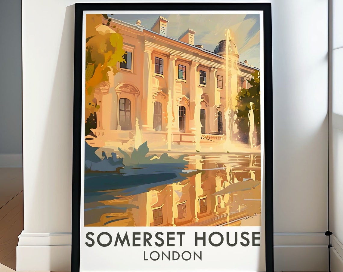 Somerset House Poster The Fountains Art Deco Print The Fountains And Somerset House Art London Travel Poster