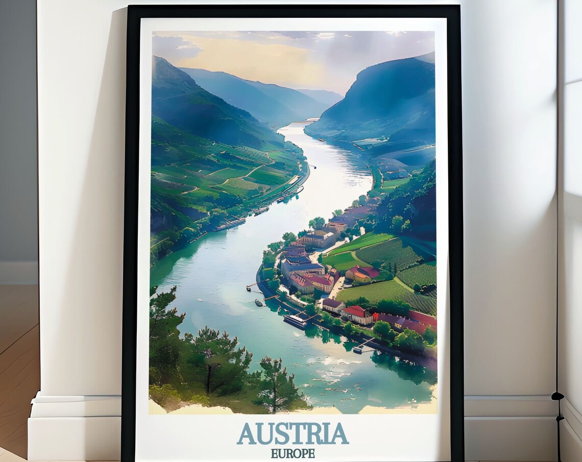 Austria Danube River Valley Vineyard Village Panoramic Travel Poster
