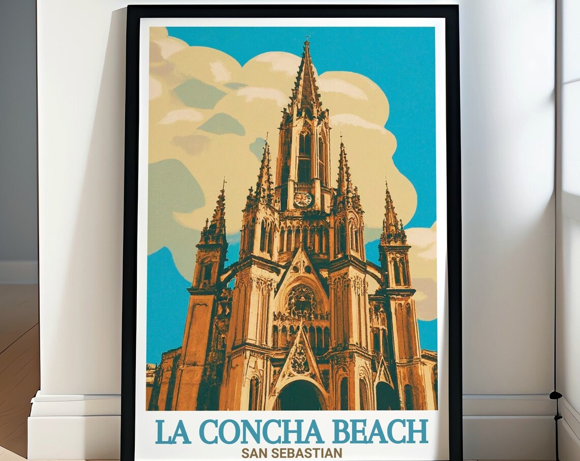 San Sebastian La Concha Beach Gothic Cathedral Retro Travel Poster