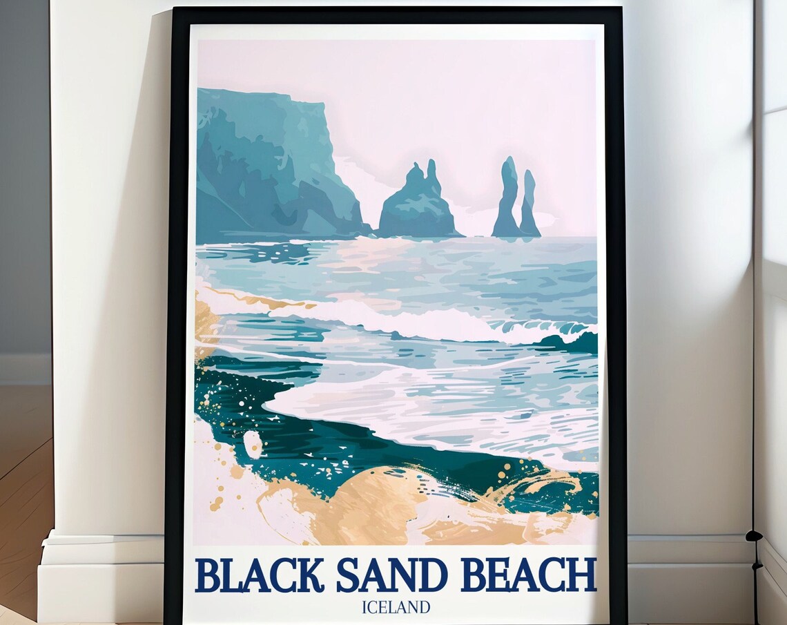 Iceland Black Sand Beach Poster Reynisfjara Sea Stacks Pastel Art