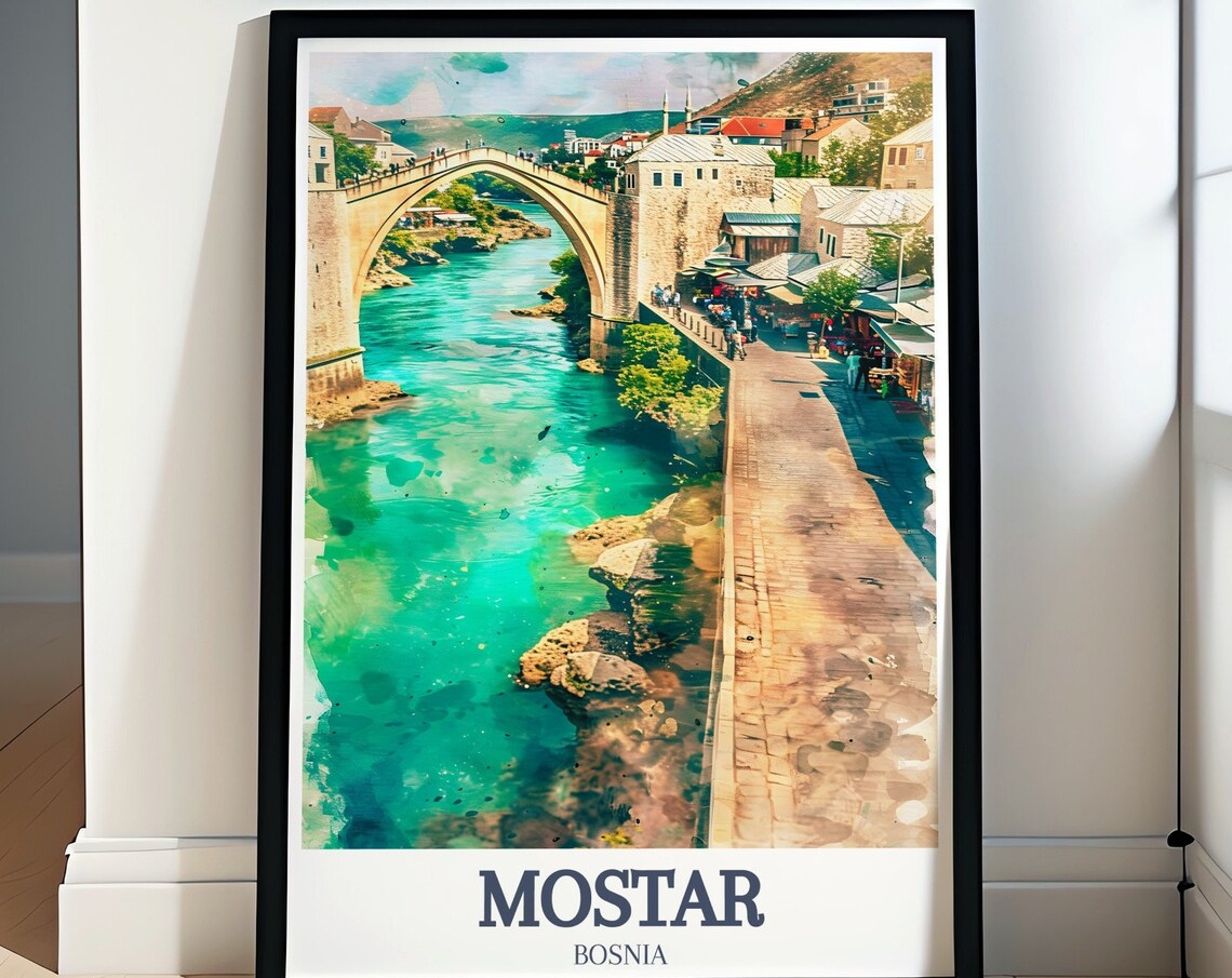 Mostar Old Bridge Riverside Promenade Watercolor Travel Art Poster