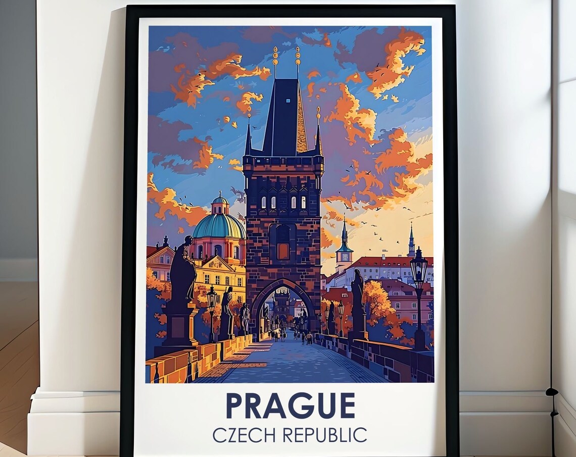 Prague Charles Bridge Tower Sunset Czech Republic Travel Poster