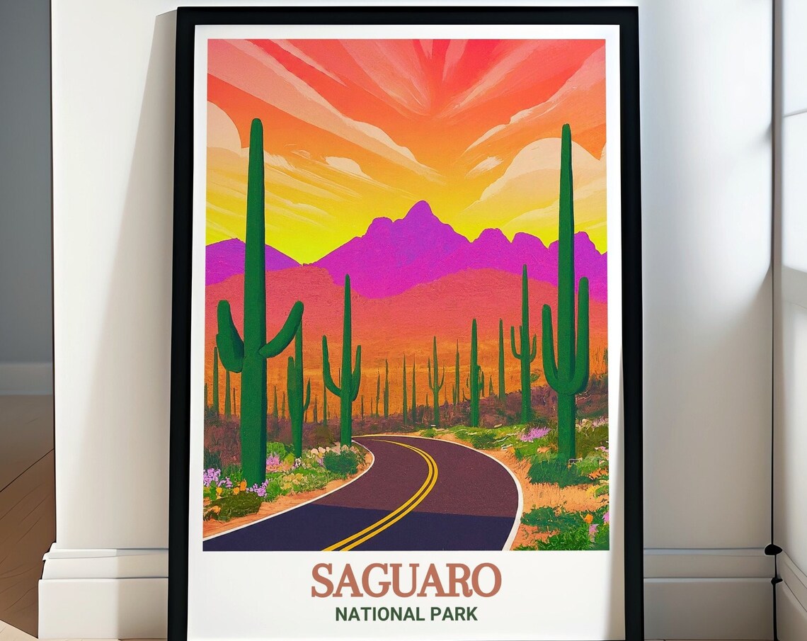 Saguaro Sunset Drive Desert Cactus Winding Road Vista View Poster