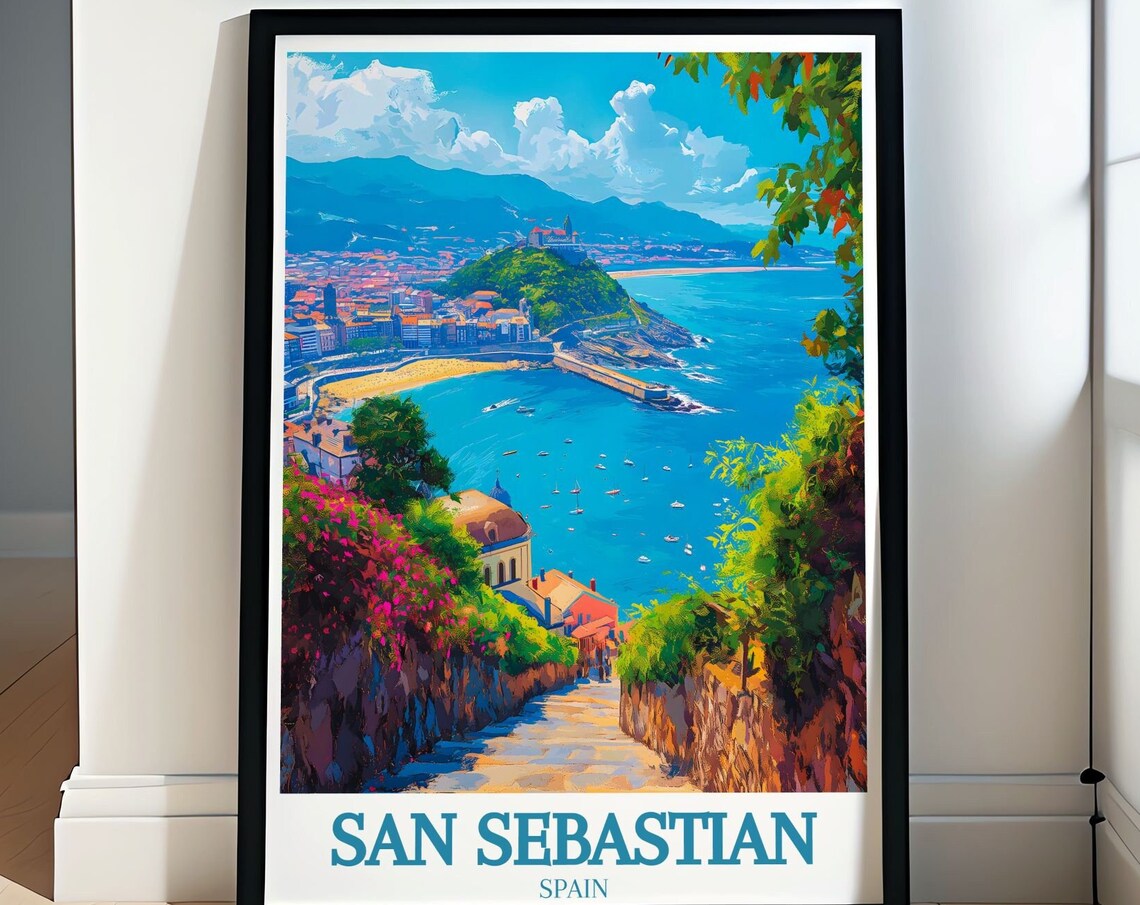 San Sebastian Harbor View Stone Staircase Spain Travel Poster