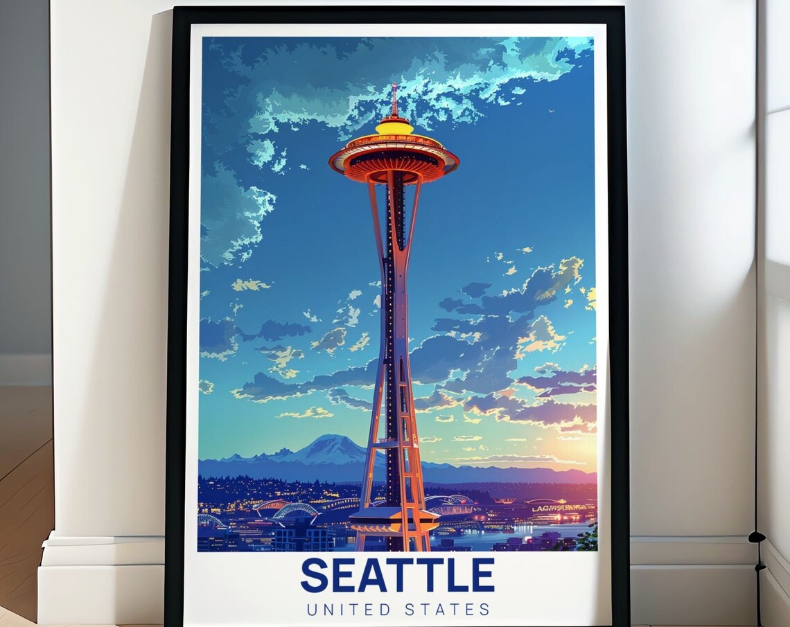 Seattle Space Needle Sunset Mount Rainier Skyline Travel Poster