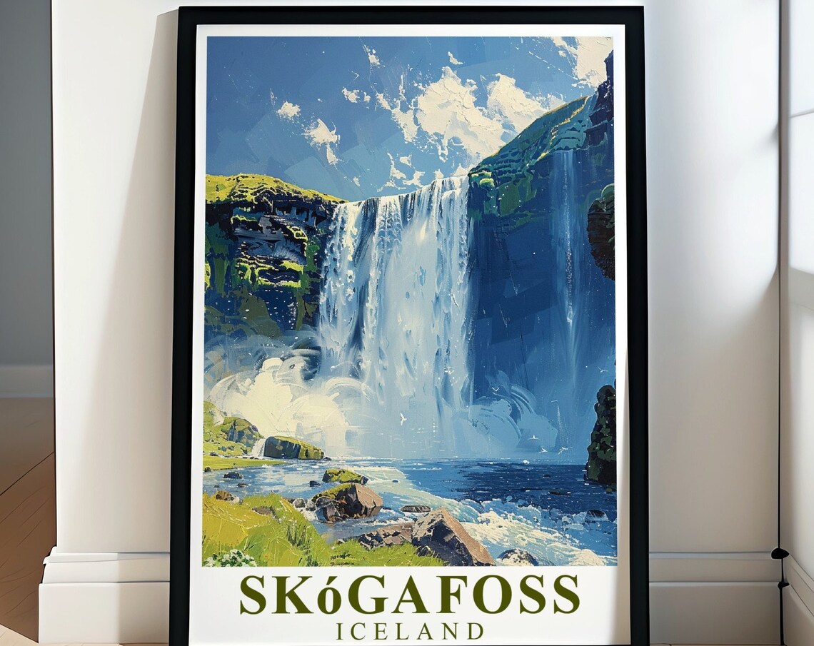 Skogafoss Iceland Waterfall Cascading Mossy Cliffs Powerful Poster