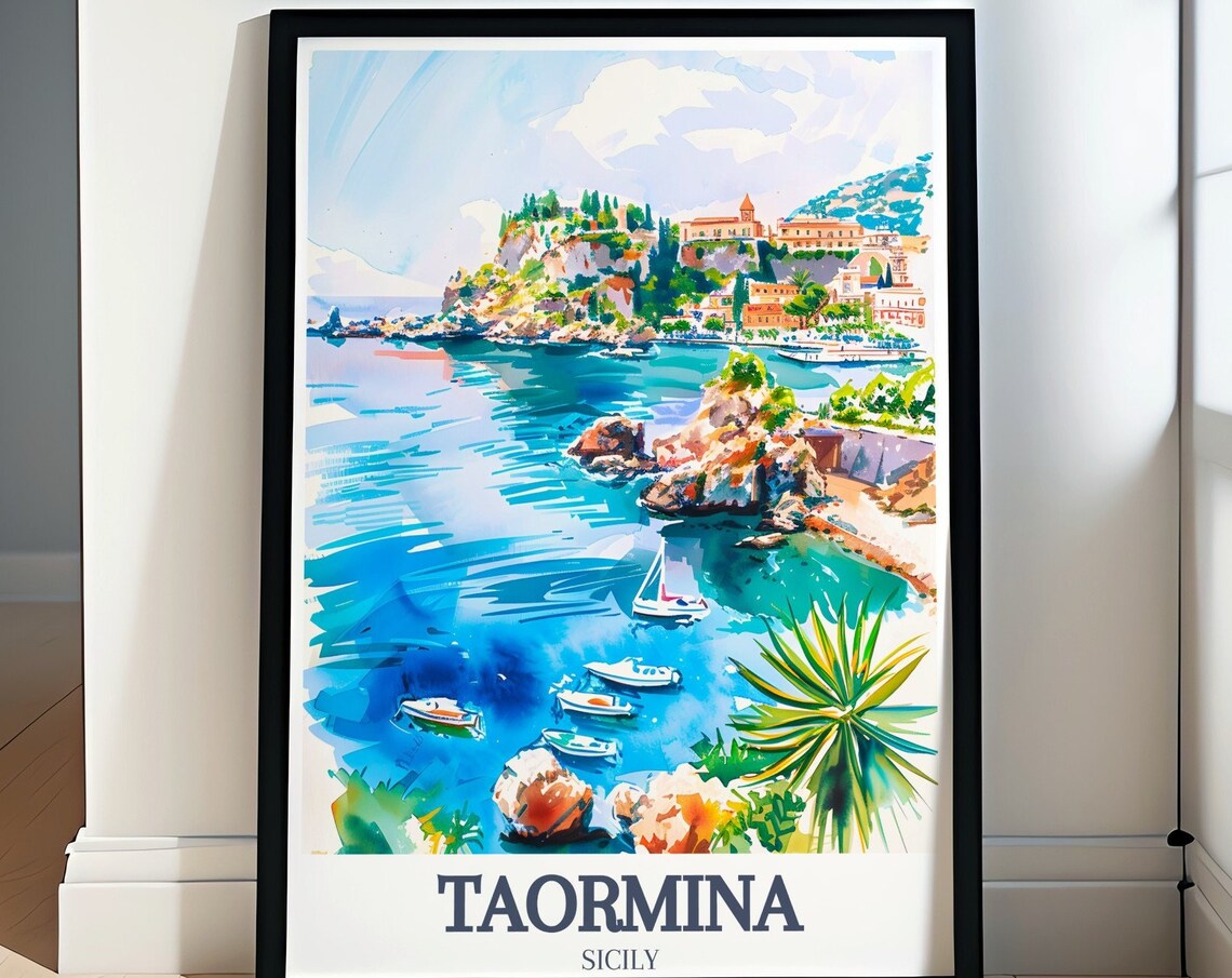Taormina Sicily Isola Bella Watercolor Boats Coast Travel Poster