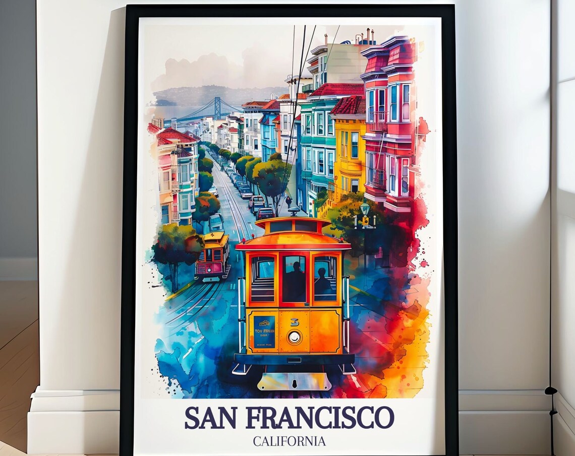 San Francisco California Cable Car Street Watercolor Art Poster