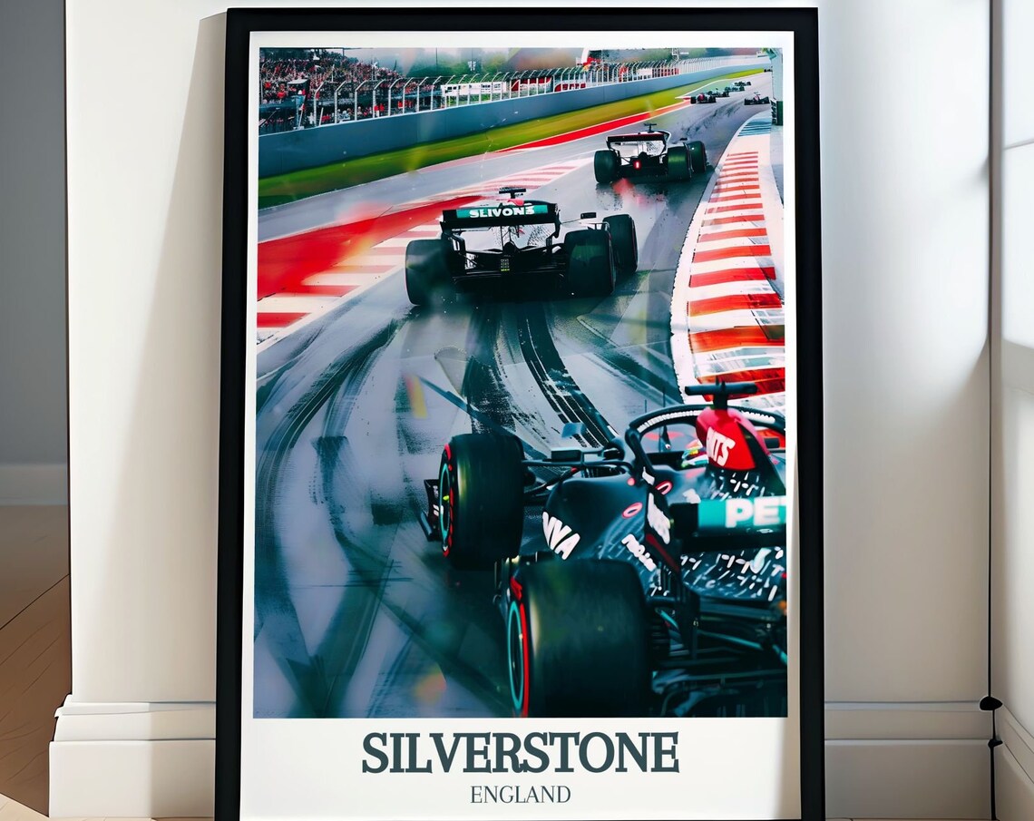Dramatic Silverstone Rainy Grand Prix Formula Cars Battle Poster