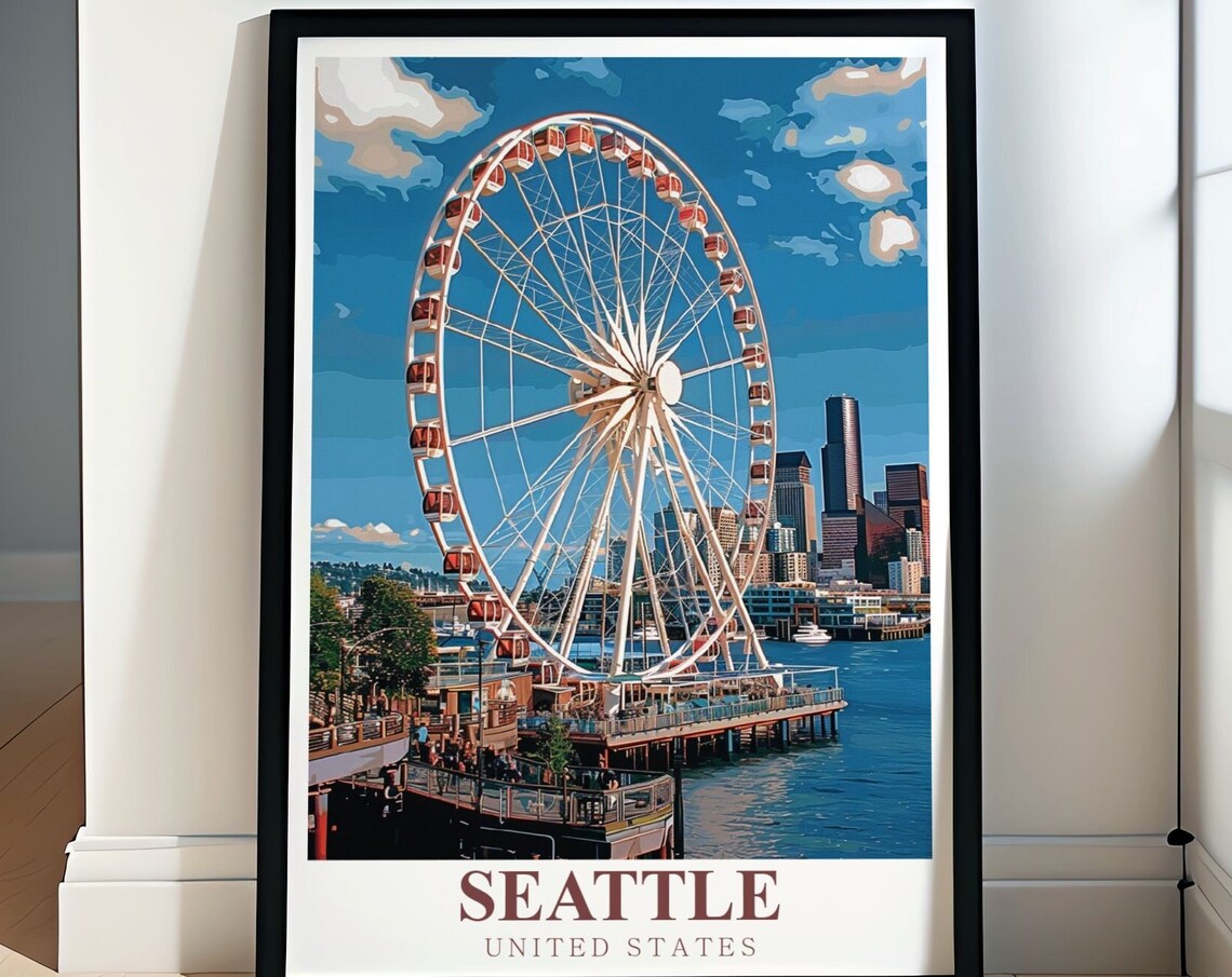 Seattle Great Wheel Waterfront Pier City Skyline Travel Poster