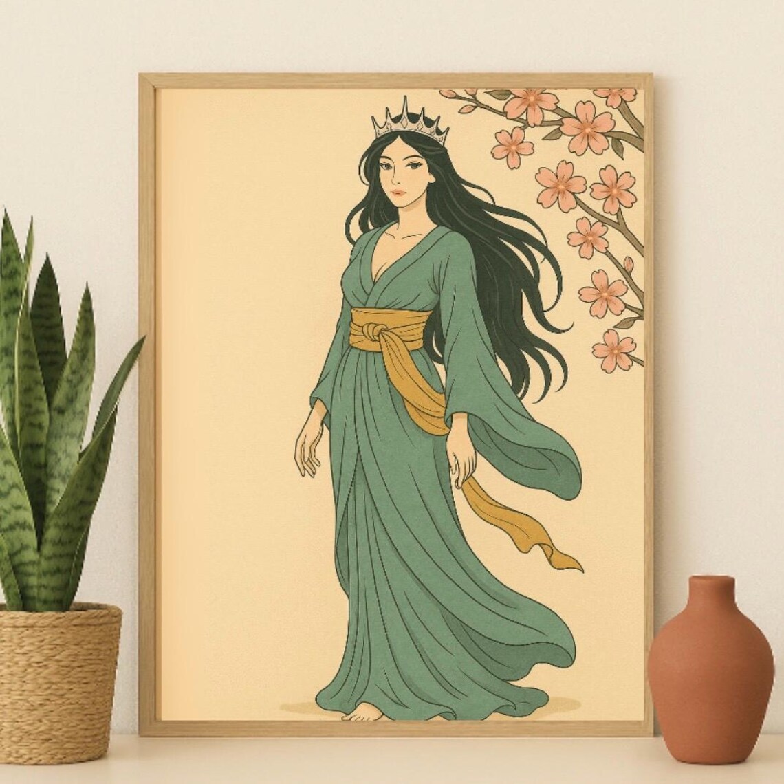 Japanese Kimono Queen Crowned Beauty Cherry Blossom Art Poster