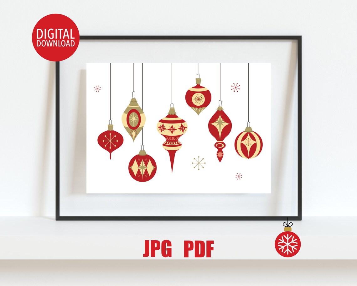Vintage Red Gold Christmas Baubles Mid Century Holiday Poster