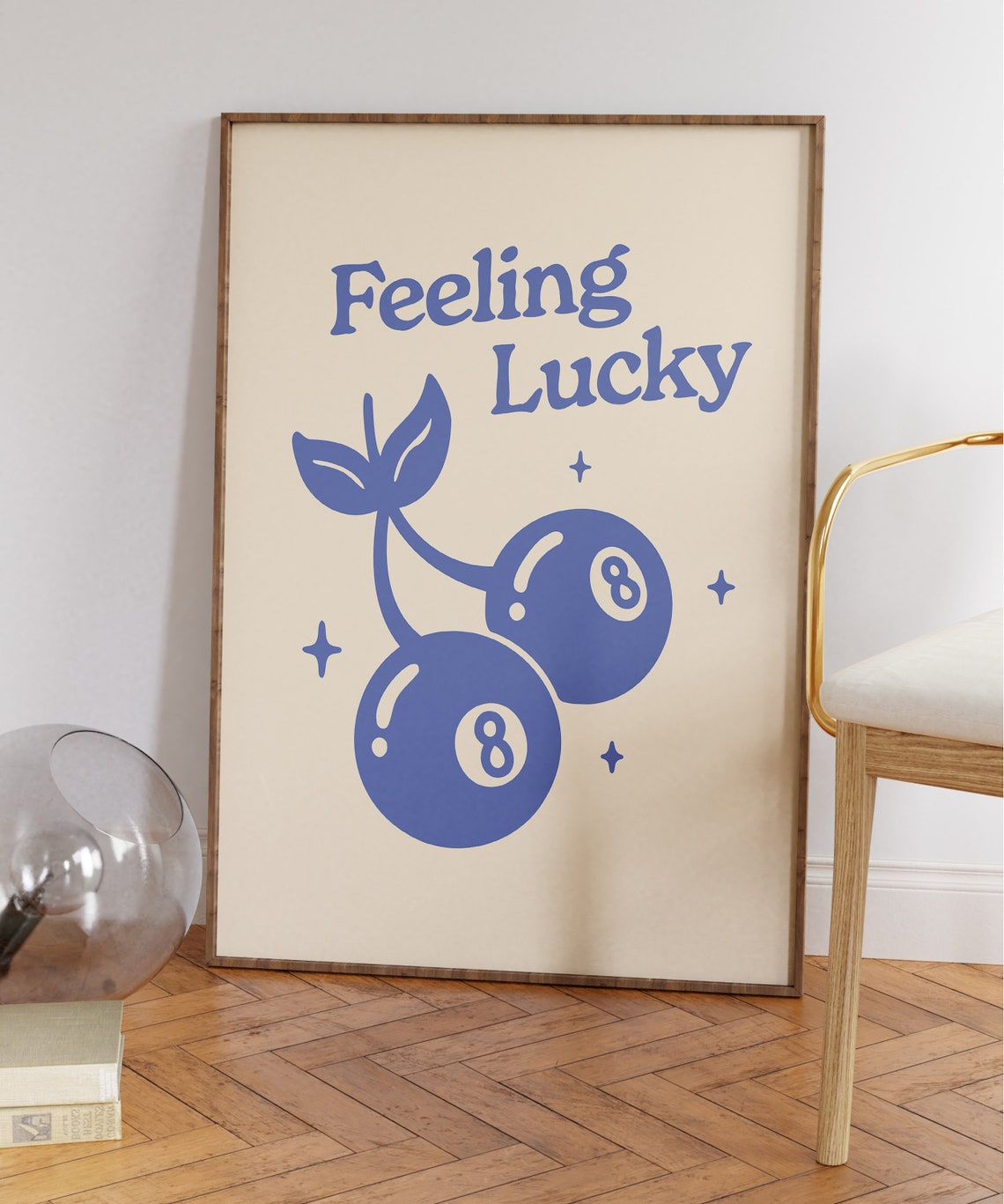 Feeling Lucky Blue 8-Ball Cherry Illustration Retro 70s Wall Art - Image 6
