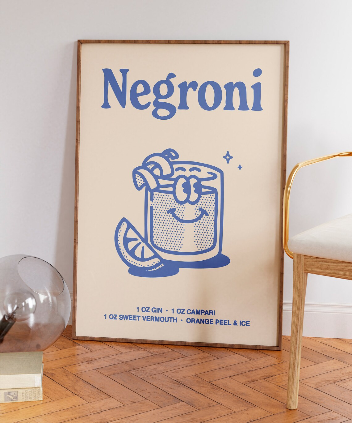 Negroni Cocktail Recipe Retro Blue Rocks Glass Bar Cart Poster - Image 3