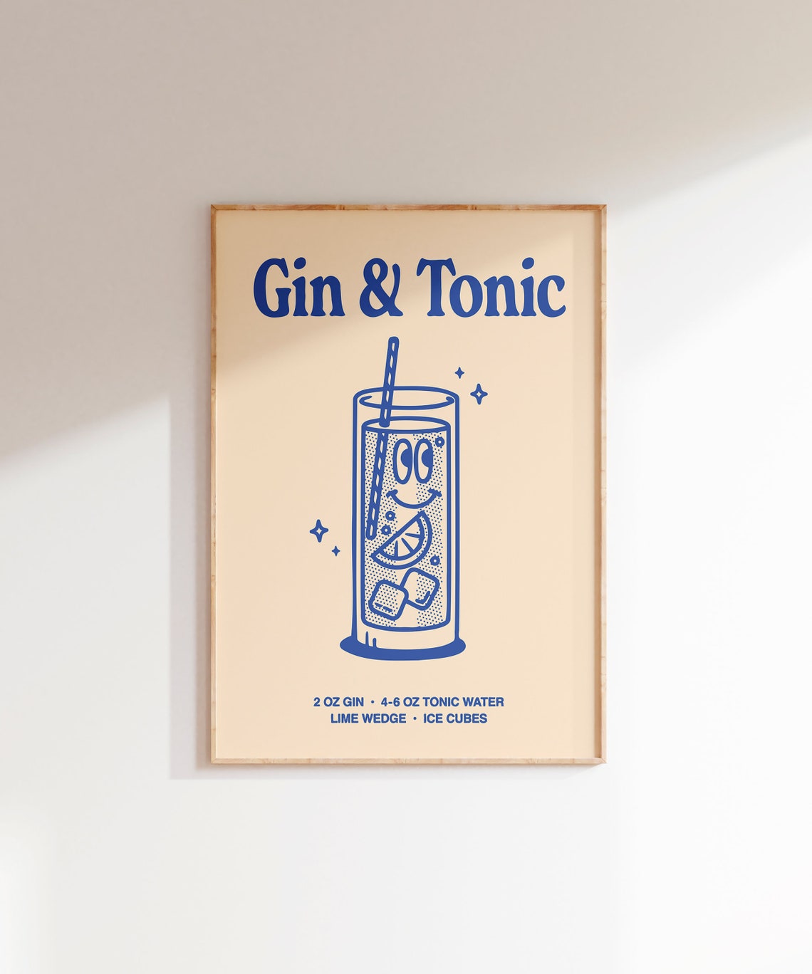 Gin and Tonic Cocktail Recipe Blue Retro Line Art Bar Cart Poster - Image 5