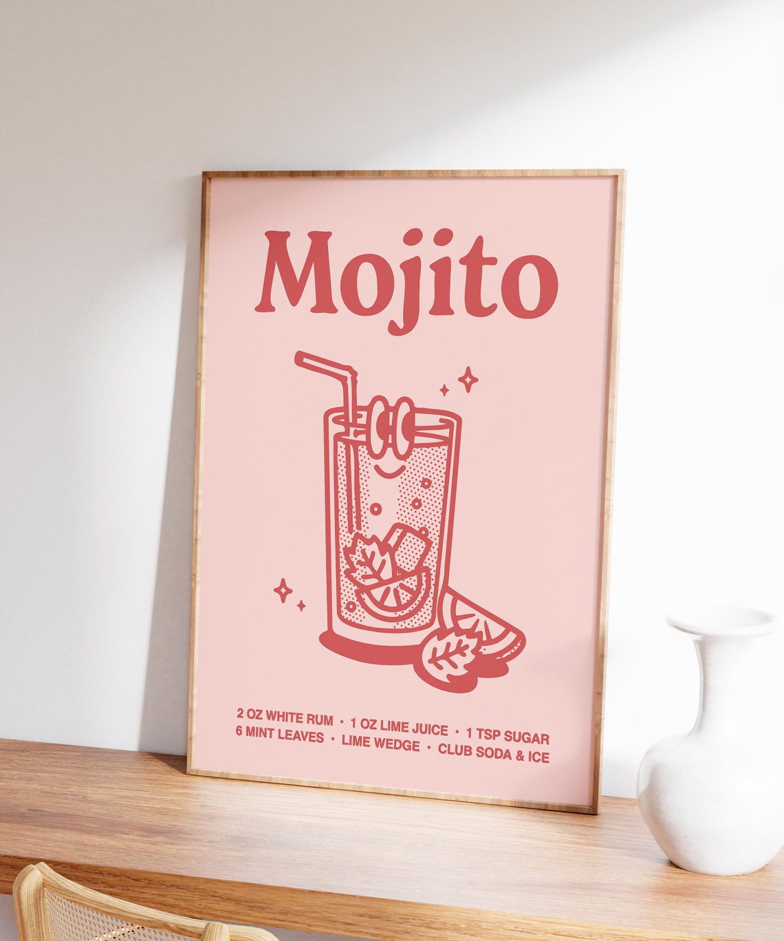 Mojito Cocktail Recipe Pink Line Art Kitchen Bar Cart Poster - Image 4