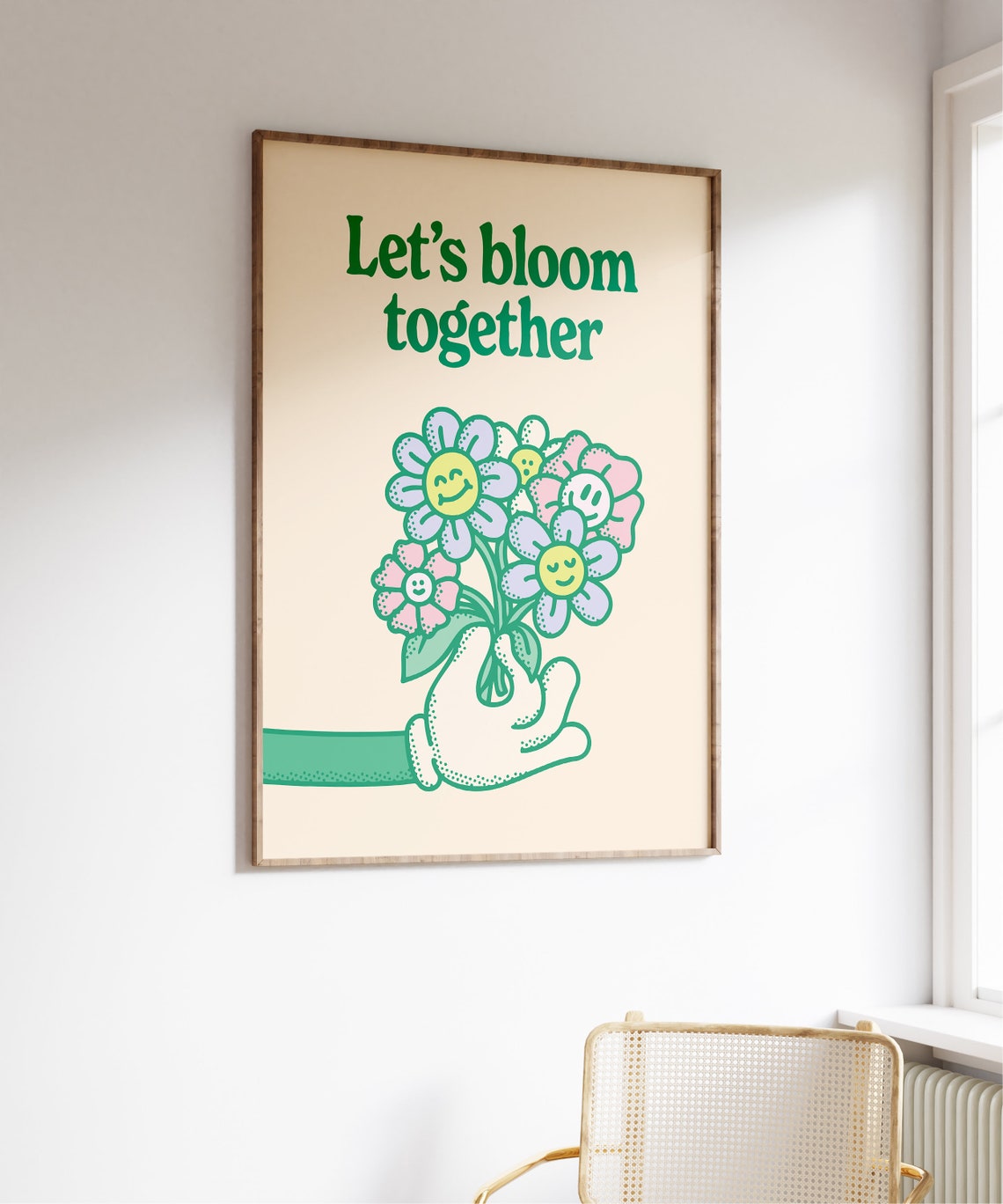 Let's Bloom Together Retro Smiling Flower Bouquet Wall Art Decor - Image 3