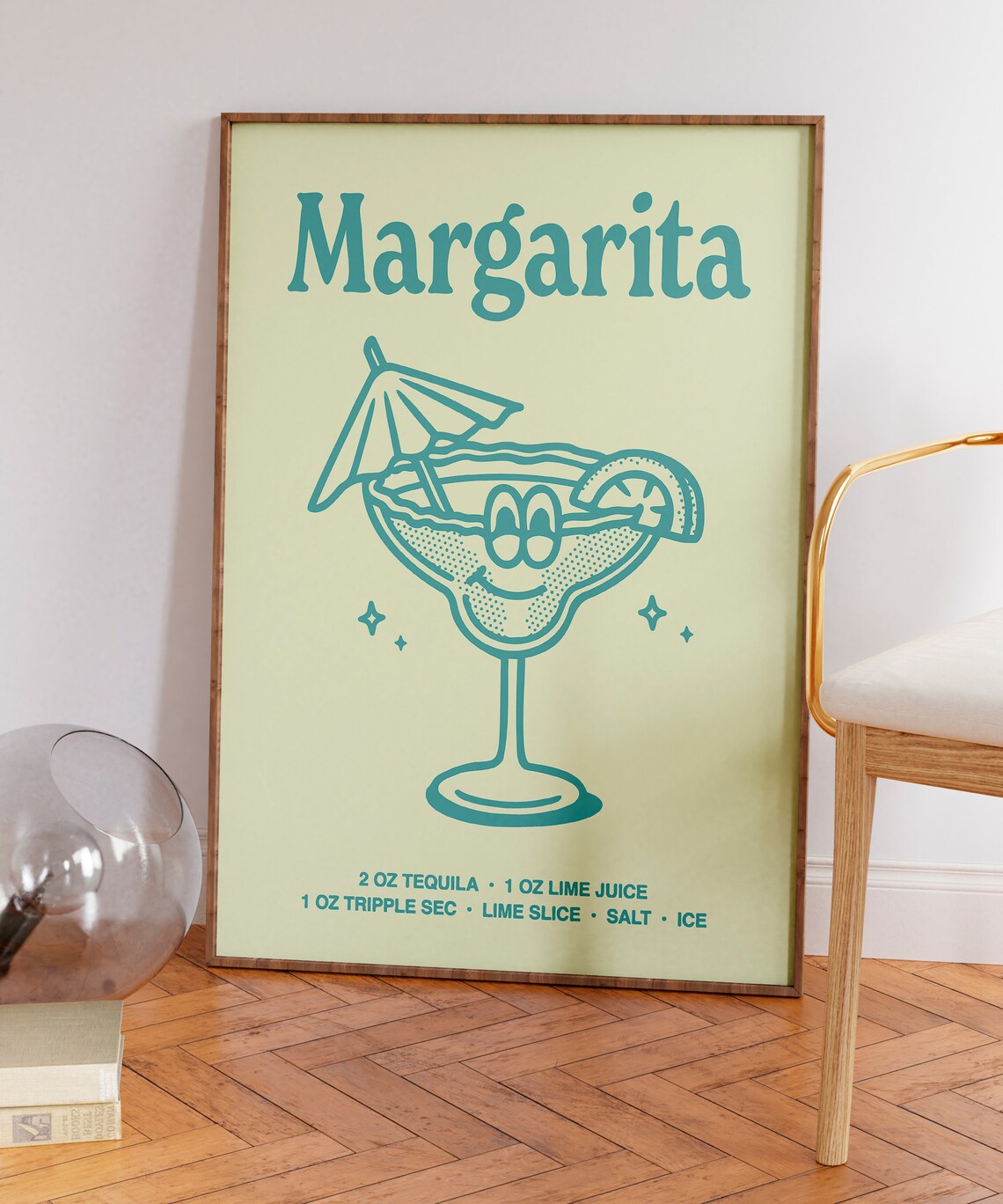 Retro Margarita Glass Smiling Teal Cocktail Recipe Bar Poster - Image 7