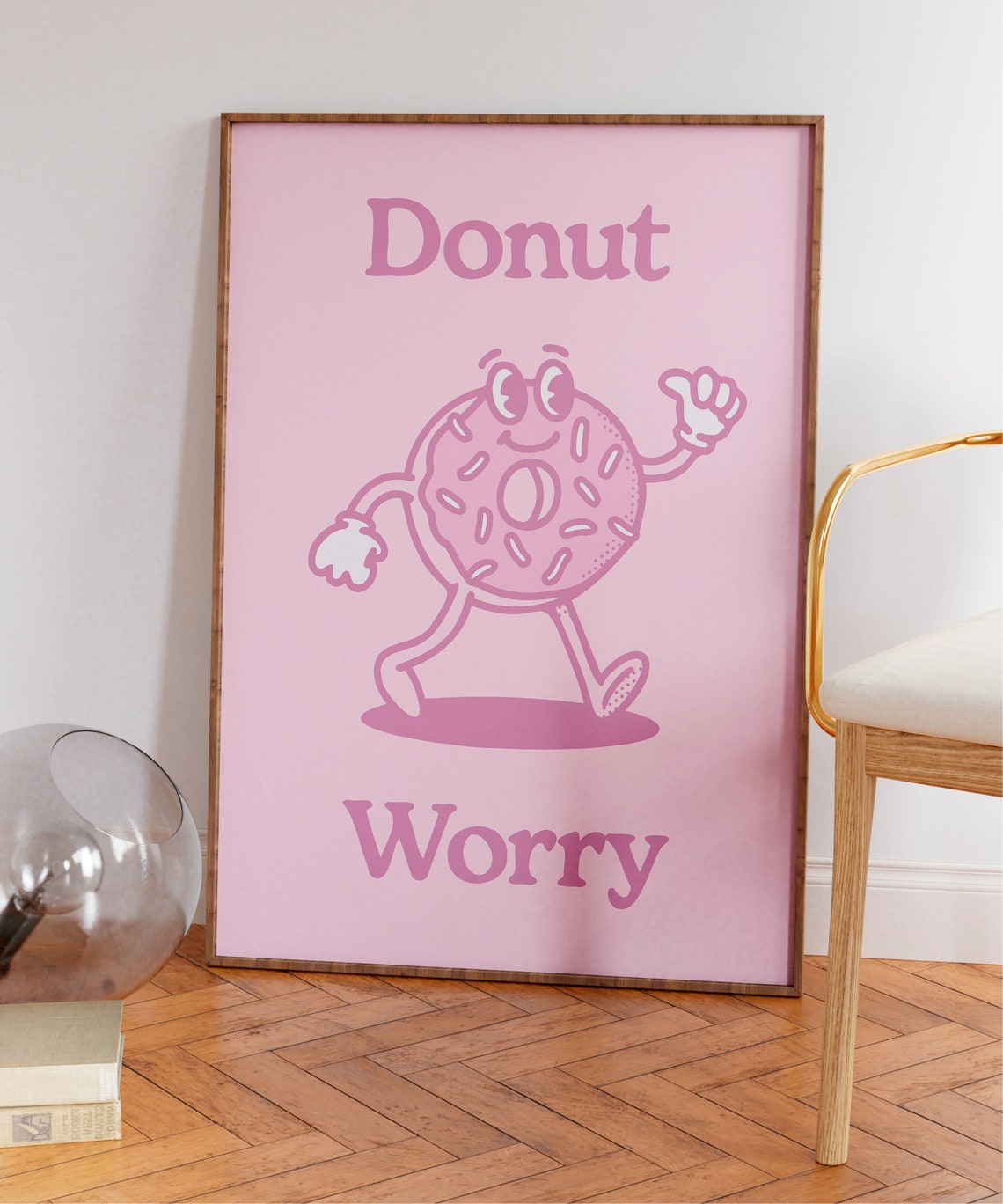 Donut Worry Pun Cute Smiling Sprinkled Donut Pink Cartoon Poster - Image 6