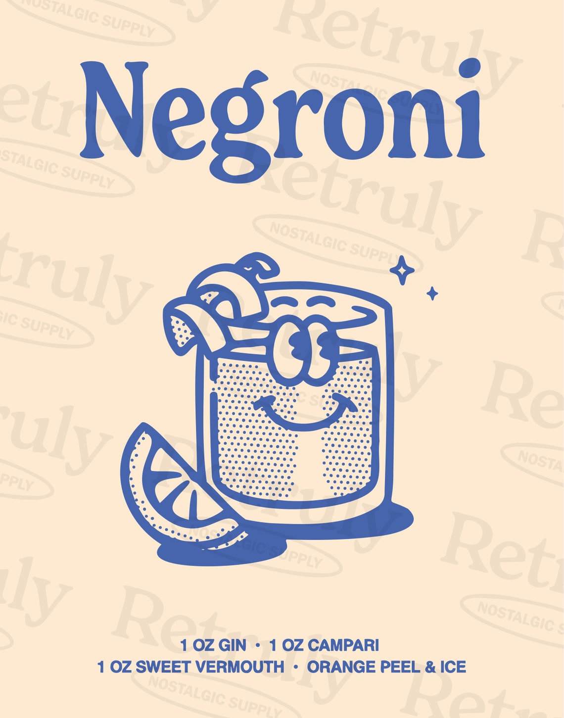 Negroni Cocktail Recipe Retro Blue Rocks Glass Bar Cart Poster - Image 2