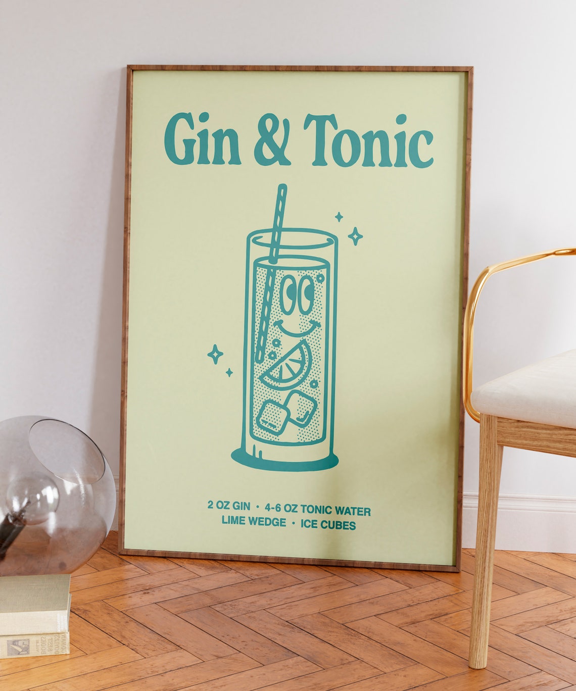 Gin and Tonic Cocktail Recipe Retro Teal Bar Cart Kitchen Wall Art - Image 7