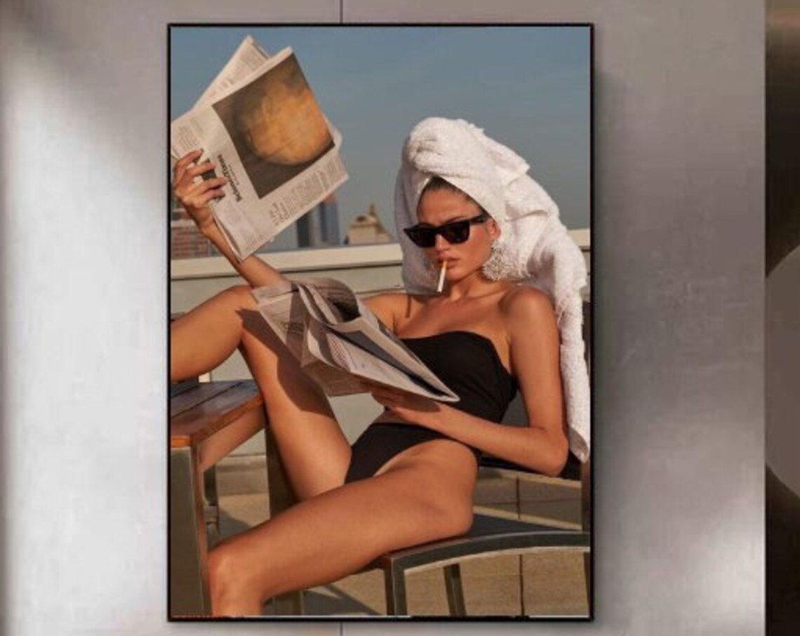 Vintage Woman Reading Newspaper Poolside Black Swimsuit Art Poster - Image 4