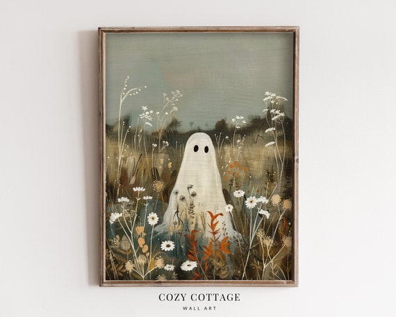 Ghost on Flower Meadow, Vintage Style Art Print