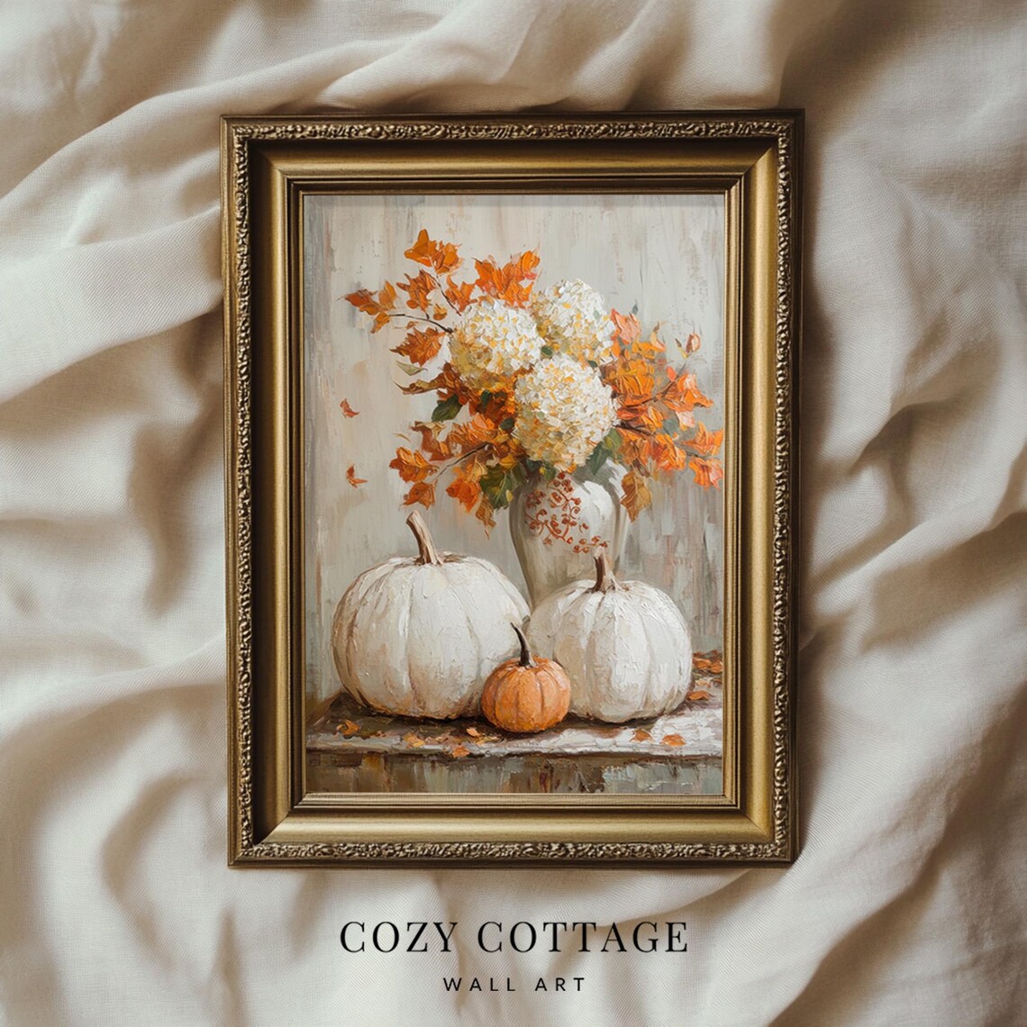 White Pumpkins And Autumn Flowers, Vintage Art Print - Image 2