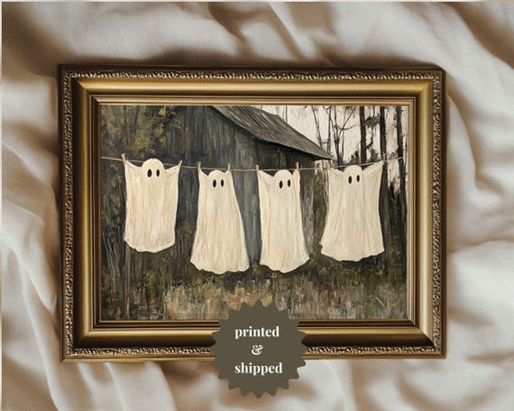 Ghost Laundry Vintage Style Painting Print, Halloween Decor