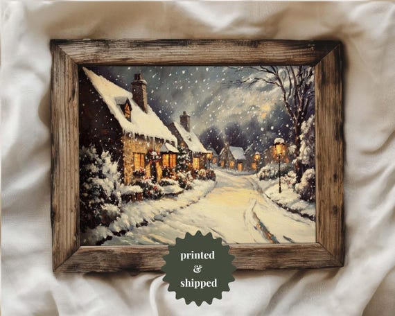 English Village Winter Night - Vintage Style