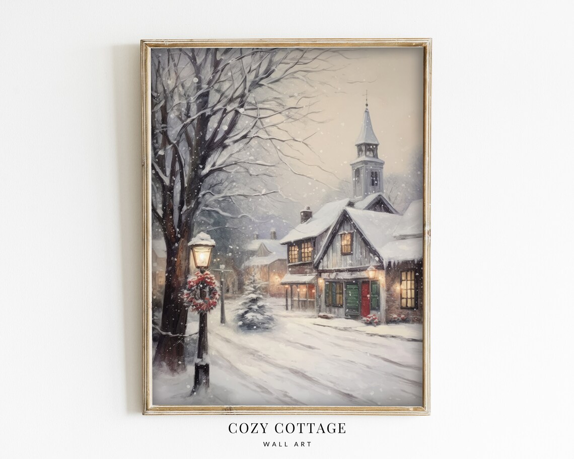 Cozy Winter Village, Vintage Style Painting