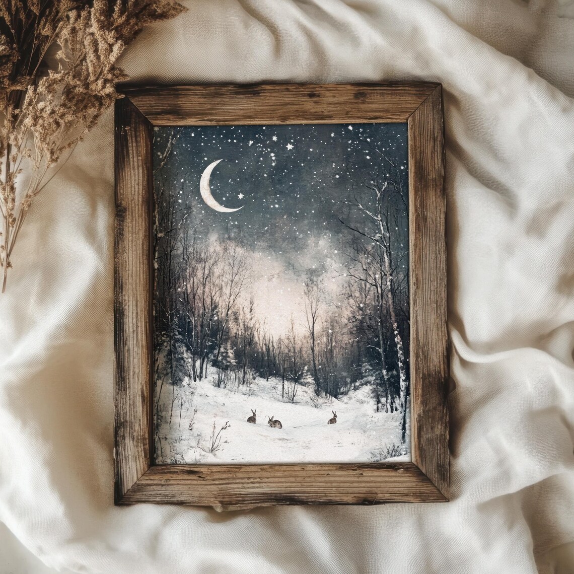 Winter Night Forest Rabbits Vintage Cottage Art Print - Image 2