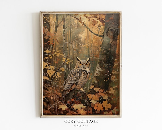 Owl In Autumn Forest, Vintage Style Art Print
