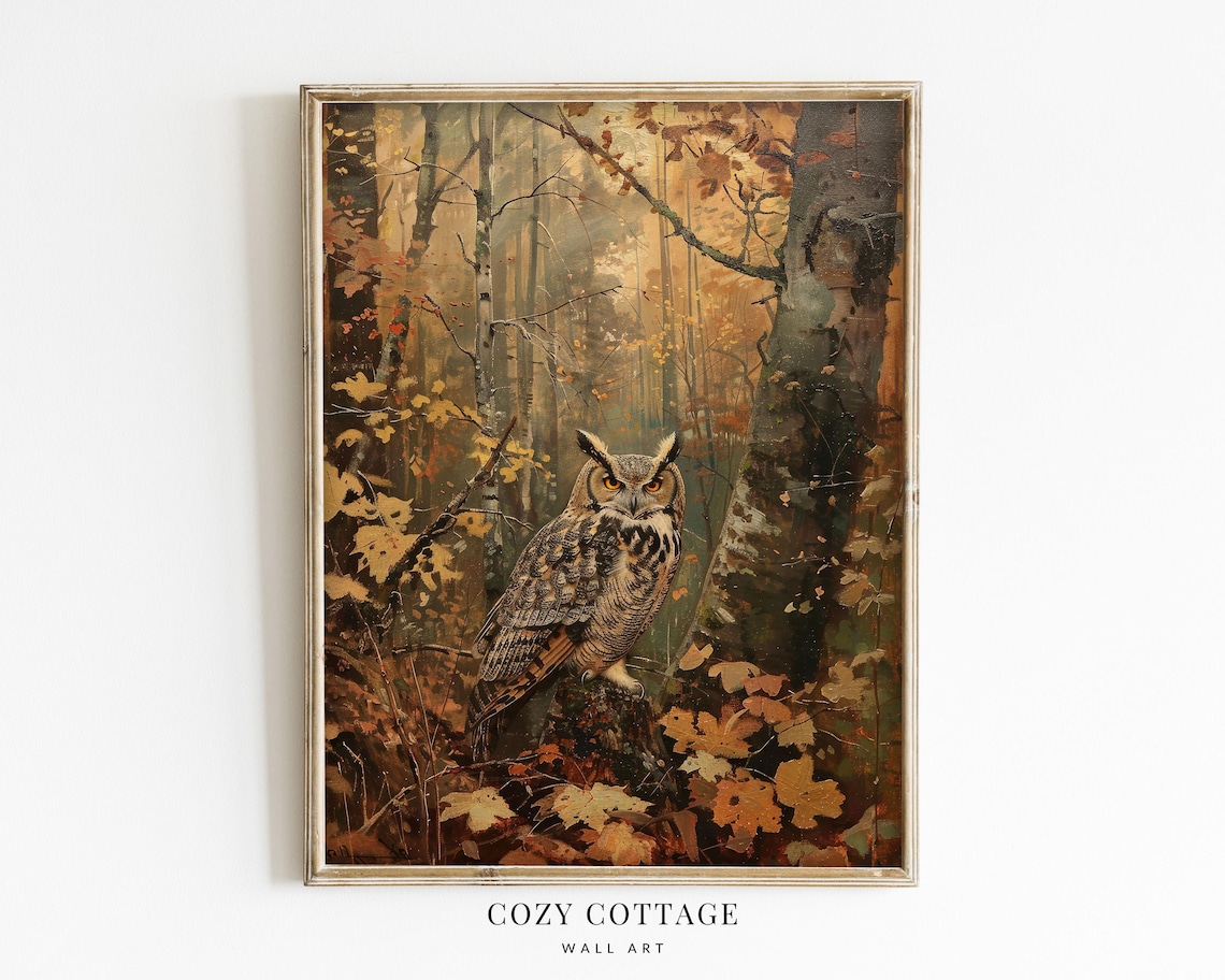 Owl In Autumn Forest, Vintage Style Art Print
