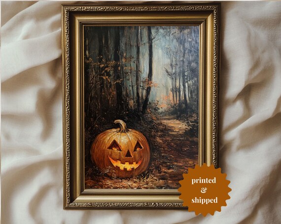 Glowing Jack-O-Lantern in a Dark Spooky Forest Halloween Poster