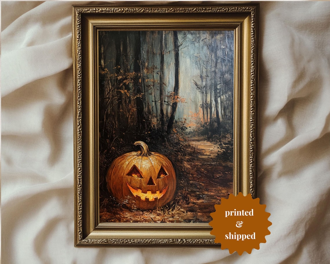 Glowing Jack-O-Lantern in a Dark Spooky Forest Halloween Poster