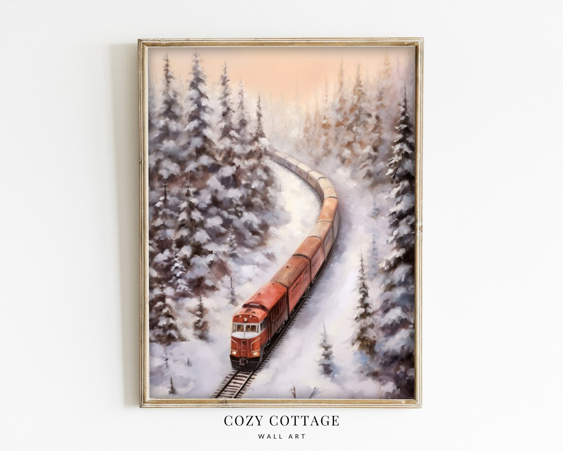 Vintage Train In Winter Landscape, Cozy Cottage