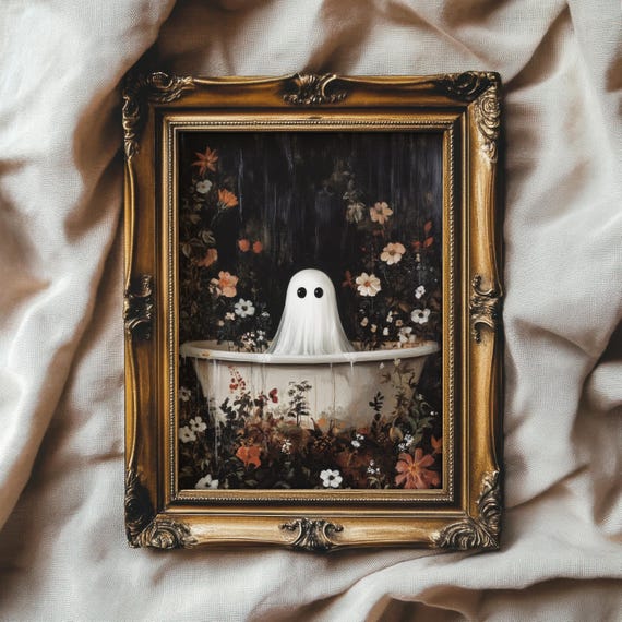 Whimsical Ghost in Bathtub, Vintage Halloween Art Print
