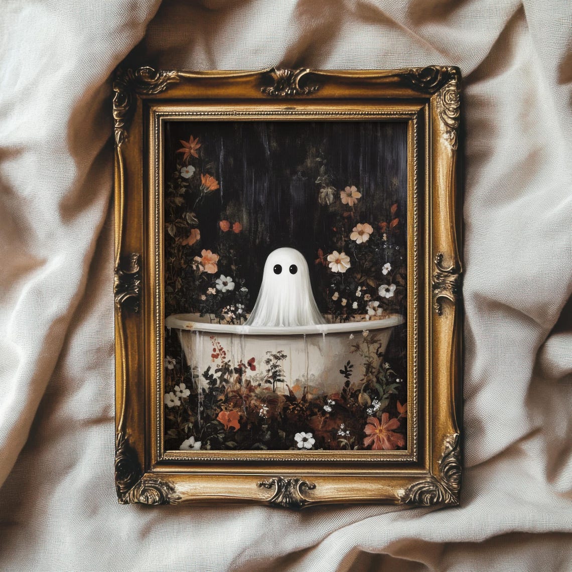 Whimsical Ghost in Bathtub, Vintage Halloween Art Print