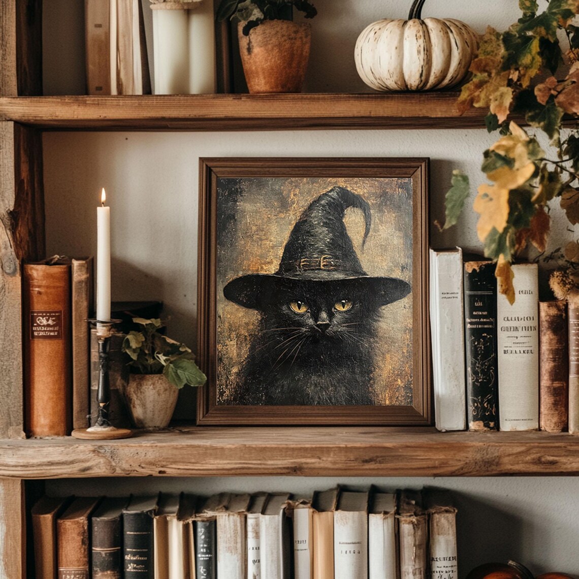 Black Cat in a Tall Witch Hat Moody Vintage Portrait Art Poster - Image 2