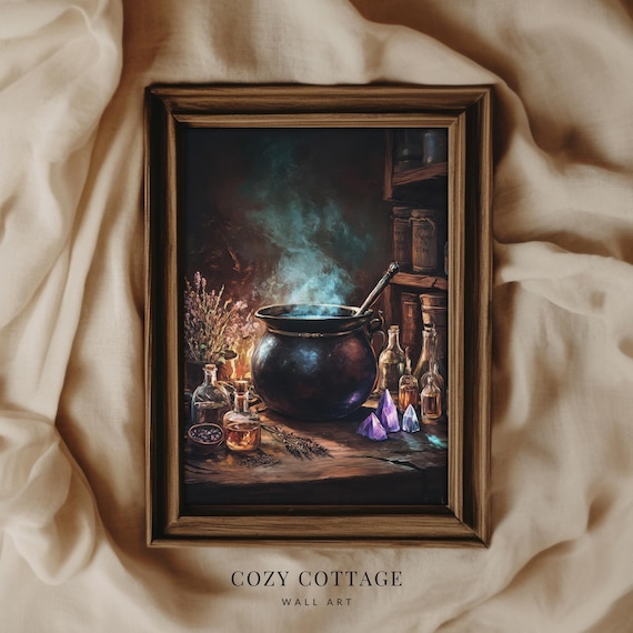 Dark Potion Room with a Bubbling Cauldron Witchy Decor Poster