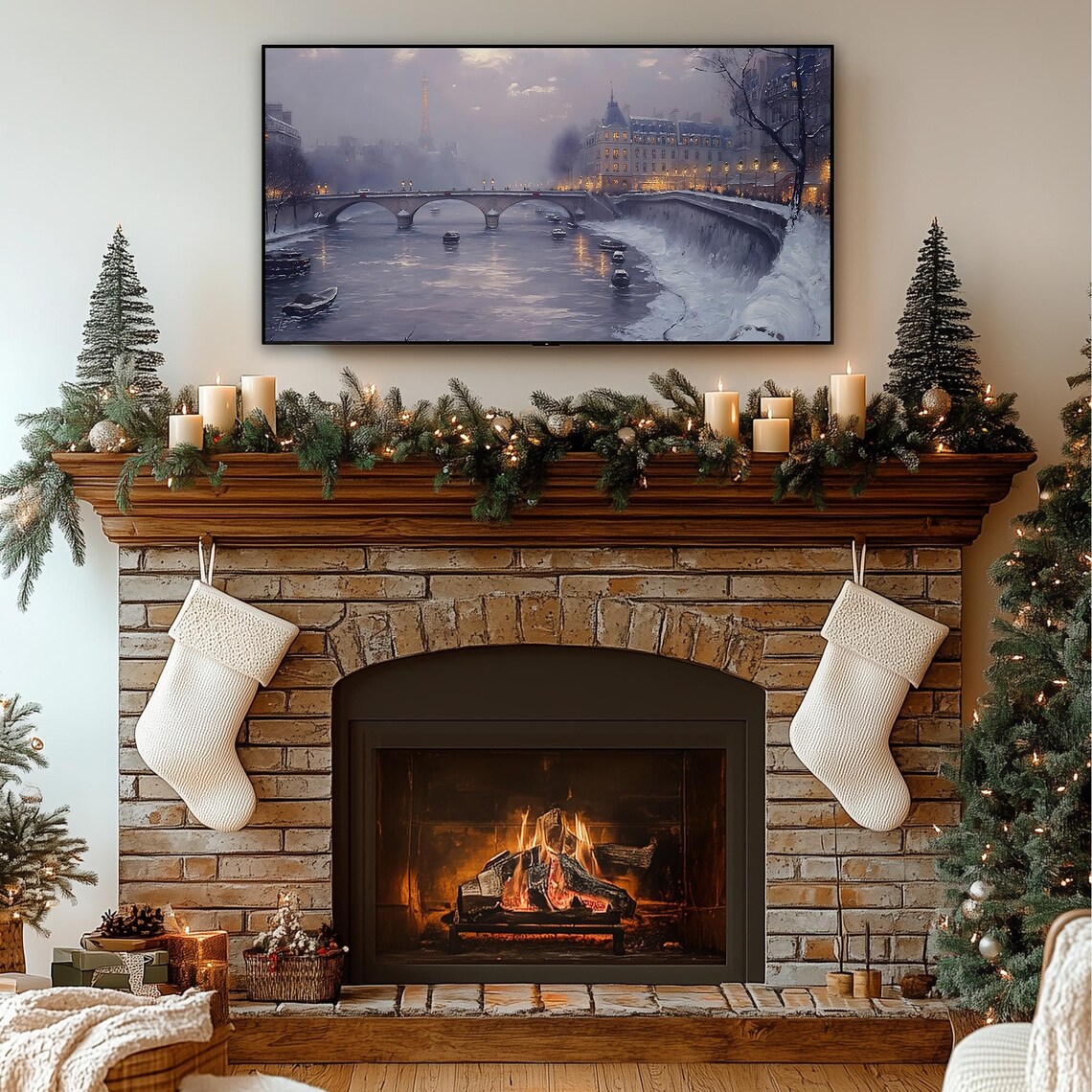 Serene Winter Paris Seine River Eiffel Tower Snowy Banks Frame TV Poster
