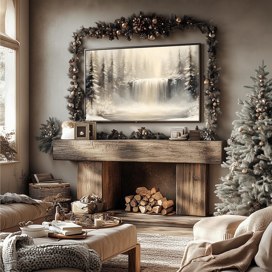 Whispering Winter Cascade Snowy Waterfall Misty Forest Falls Frame TV Poster - Image 4