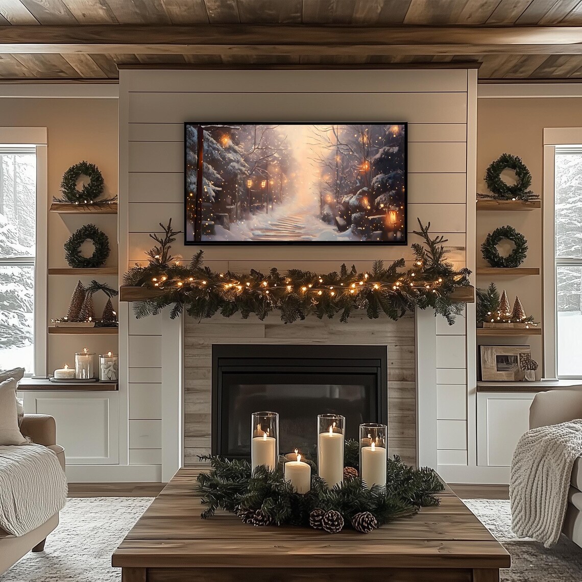 Winter Lantern Pathway Glowing Snowy Forest Night Lights Frame TV Poster