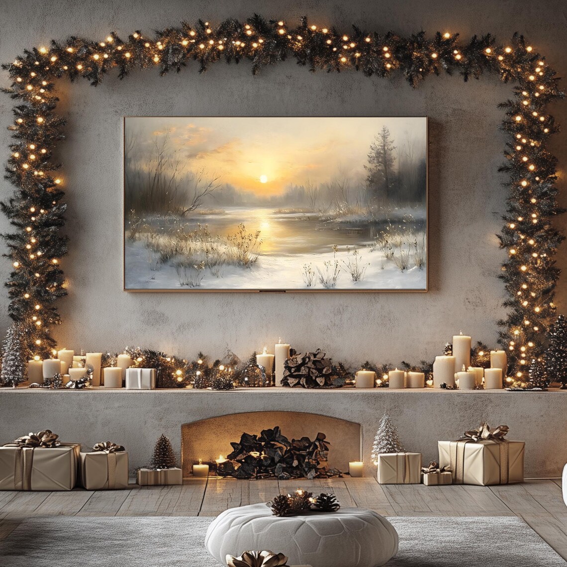 Winter Sunrise Over Misty Snowy River Golden Light Landscape Frame TV Poster - Image 4