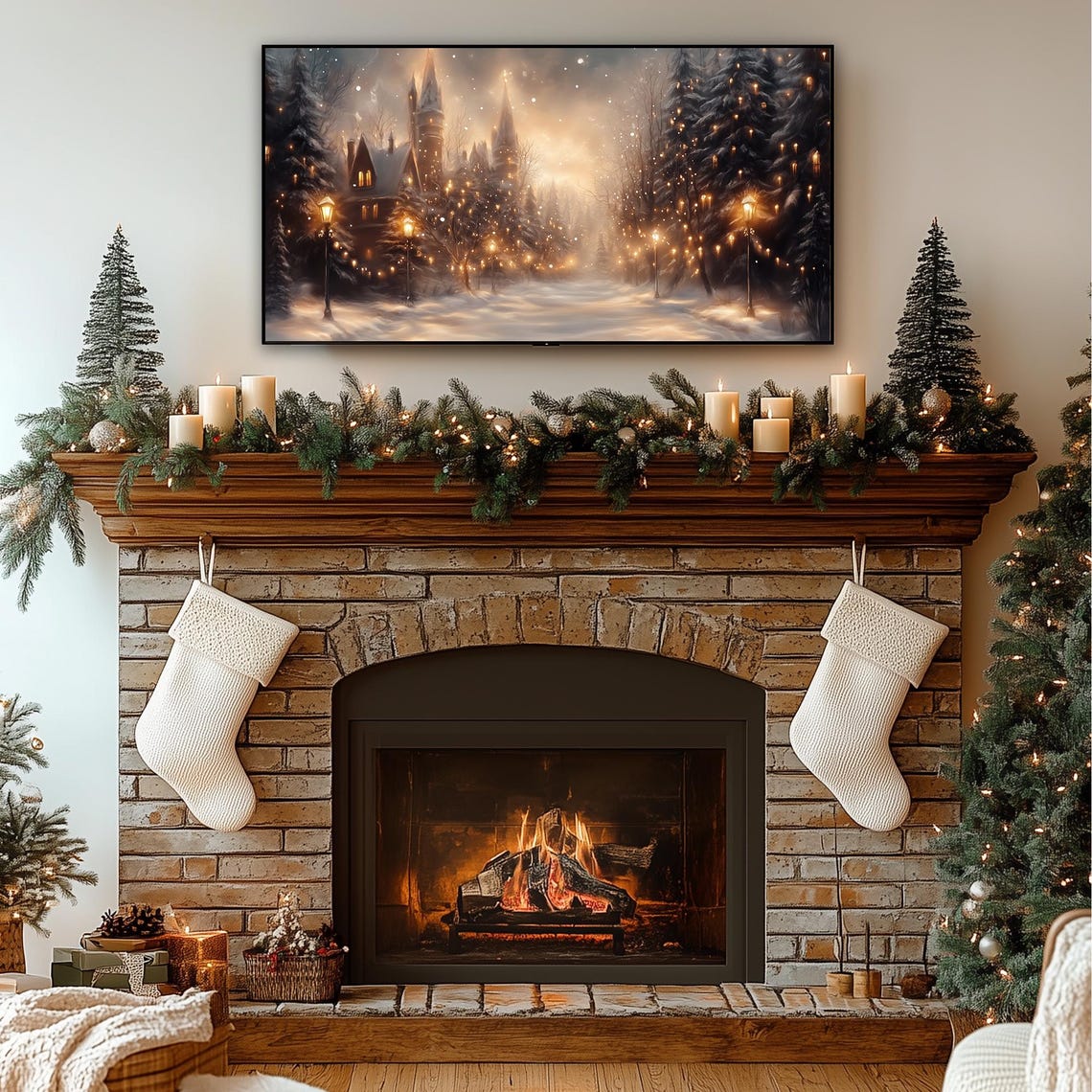 Snowy Castle Village with Glowing Lanterns Winter Frame TV Poster - Image 3